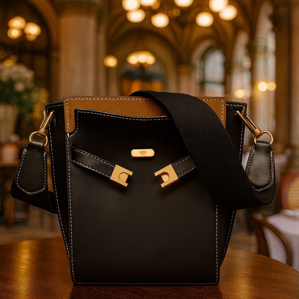 Tory Burch Lee Radziwill Double Black Leather Bucket Shoulder Bag/Crossbody Bag